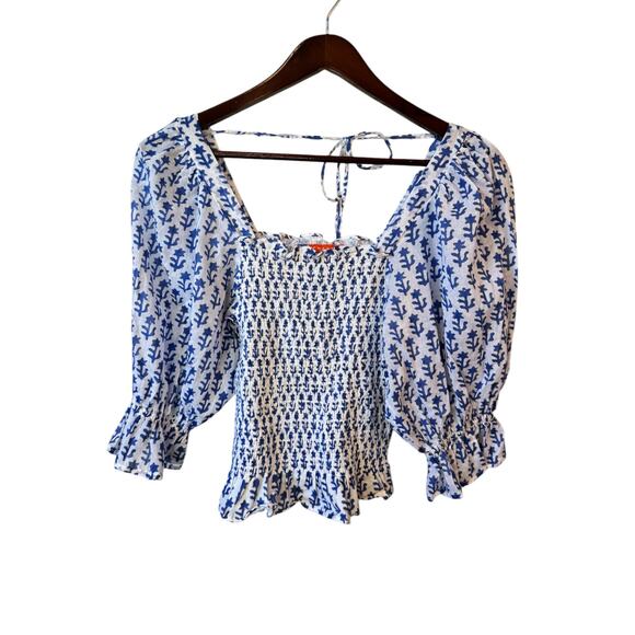 OLIPHANT Smocked Blouse Flora Blue Sz Small Square Neck Coastal Preppy $116 MSRP - Picture 2 of 8